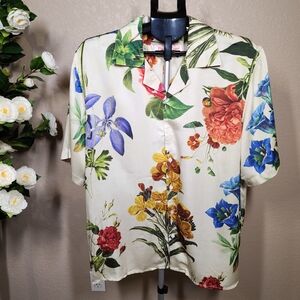 Perte d’ego Floral Button Up Shirt Men’s Large Cream Short Sleeve Modal